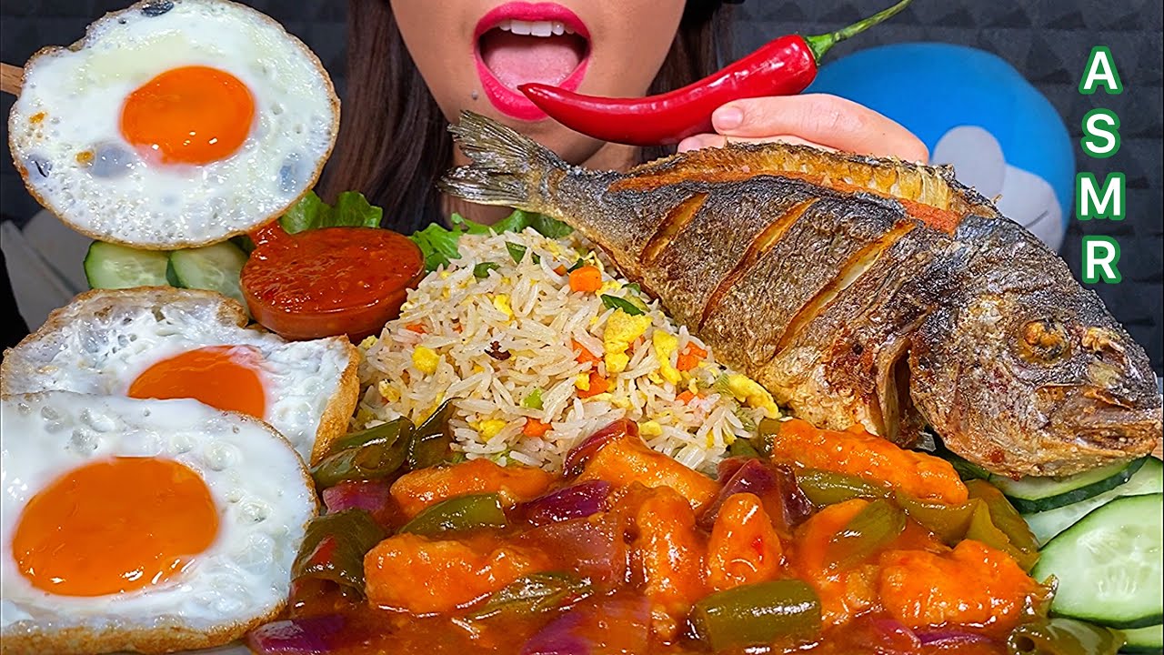 ASMR EATING CHICKEN MANCHURIAN, EGG FRIED RICE, FRIED FISH EGGS SAMBAL 먹방 Sounds