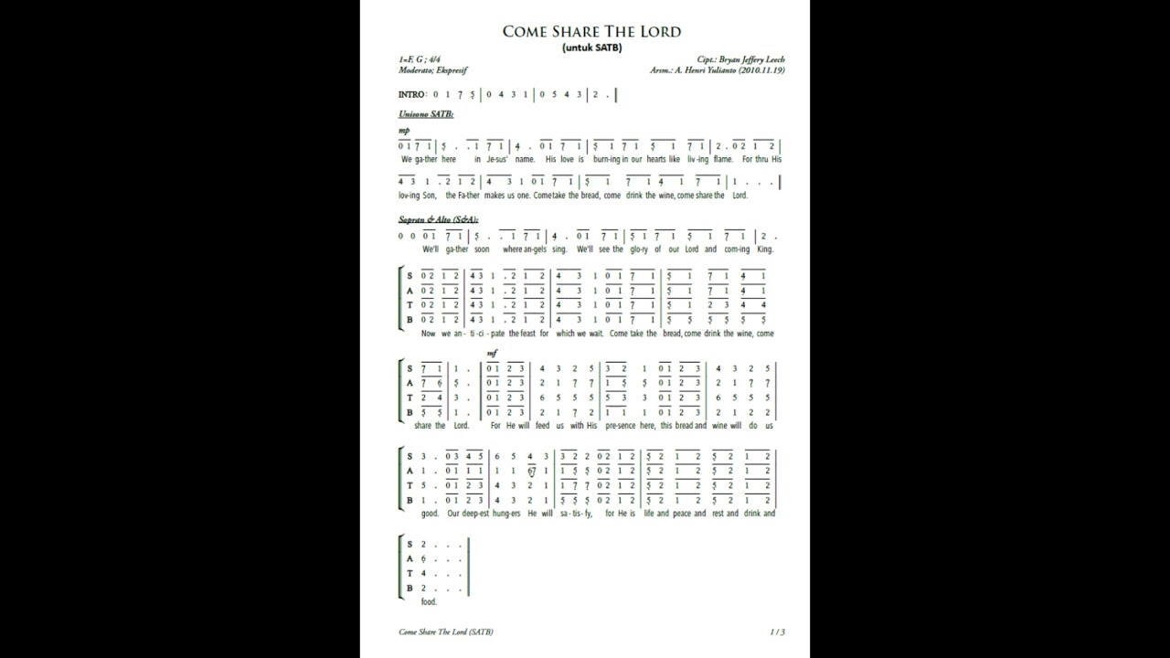 COME SHARE THE LORD Cipt : Bryan Jeffery Leech Arsm : A  Henri Yulianto