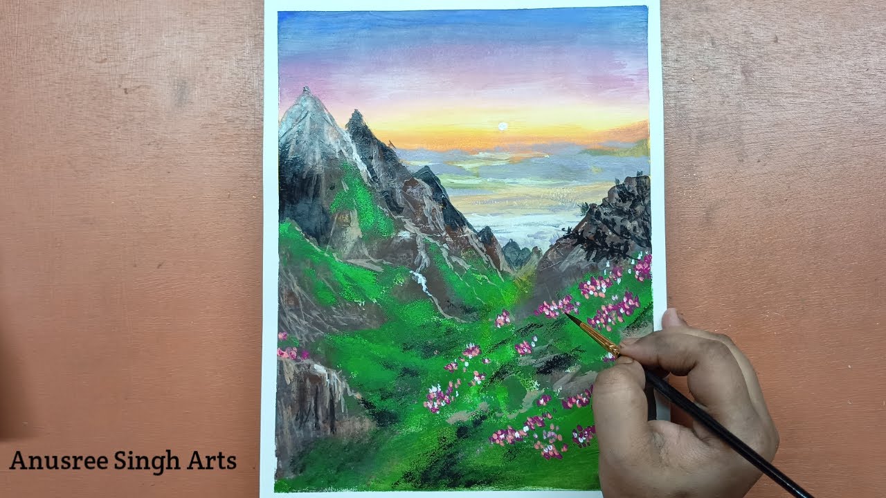 Mountain range scenery painting. Acrylic paintings for beginners.