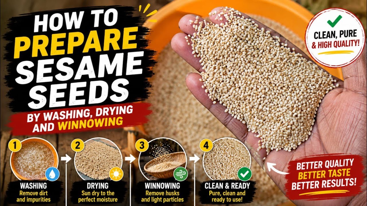 How to prepare sesame seeds by washing, drying and winnowing