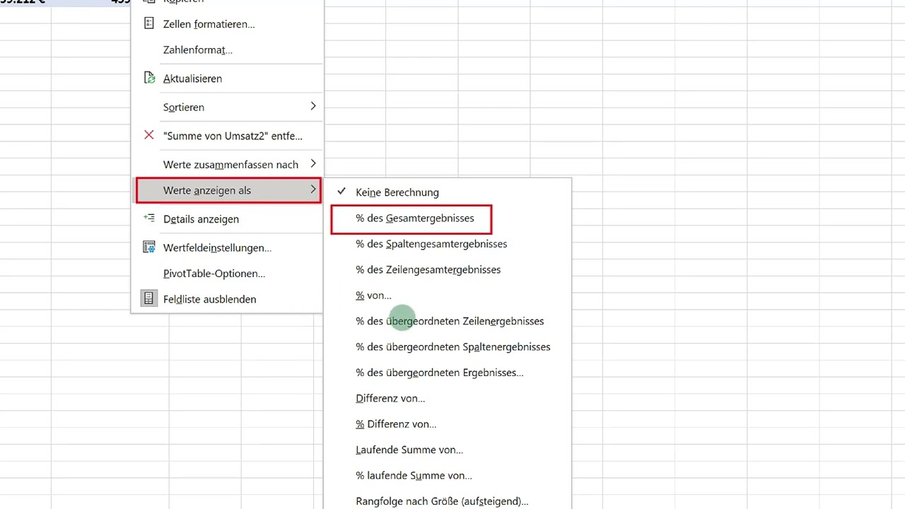 Pivot Tabellen - Werte berechnet anzeigen als ..
