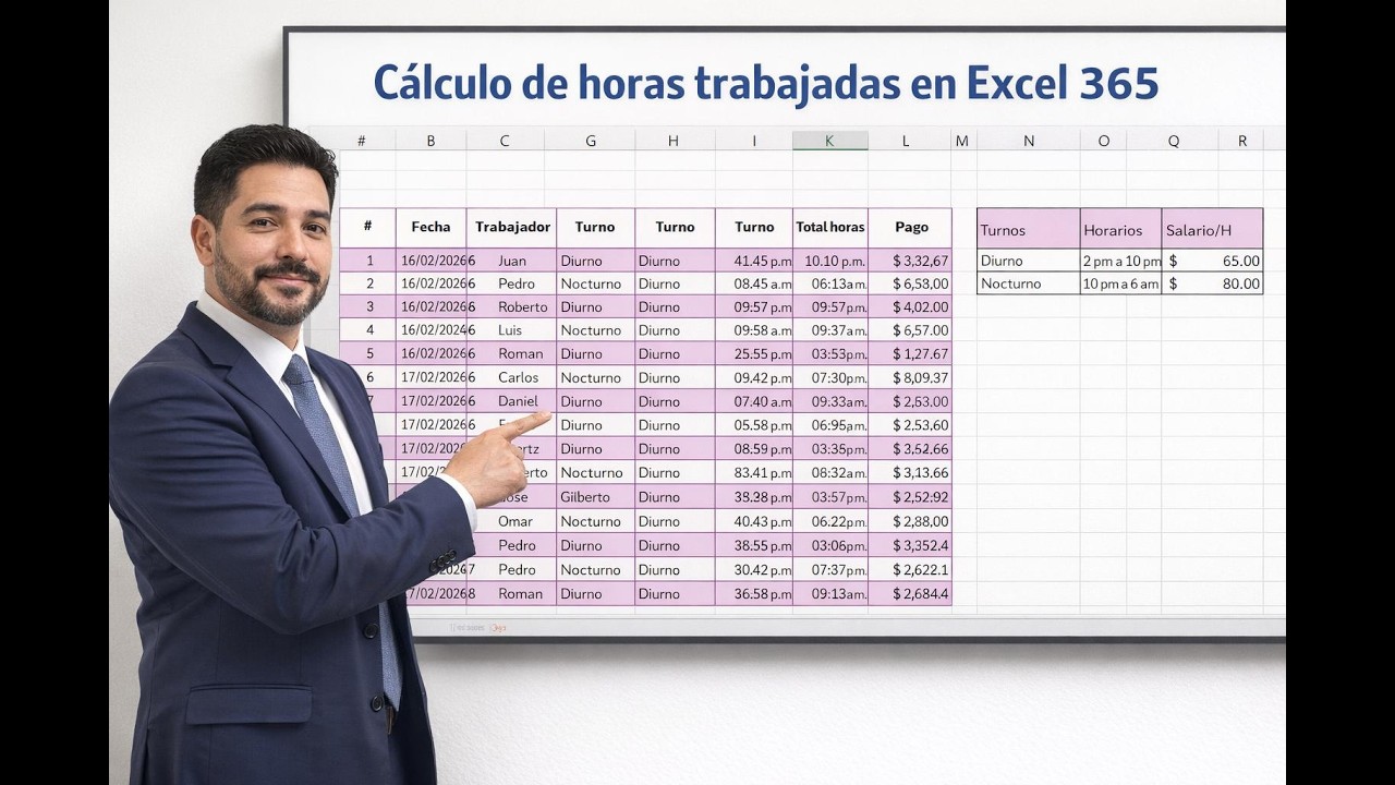 Calcular horas trabajadas y pago en Excel 365, con funciones din&aacute;micas.