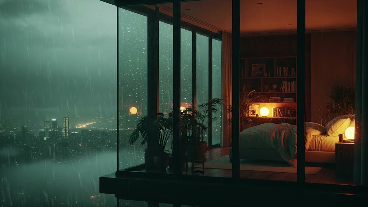 Storm Above the City with Annie ⚡🌧️ | High-Rise Glass Apartment, Thunder Rain, Luxury Relax Night