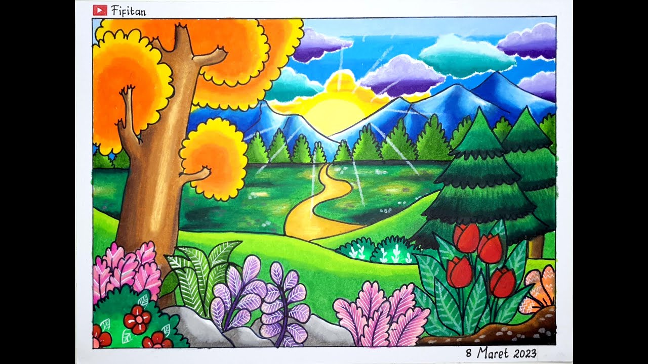 CARA MENGGAMBAR PEMANDANGAN GUNUNG SIMPLE DAN MUDAH ( OILPASTEL GRASP 48 ) EP 399