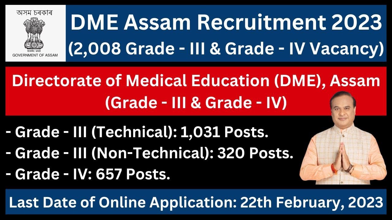 Directorate of Medical Education (DME) Recruitment 2023: 2,008 Grade - III & Grade - IV Vacancy