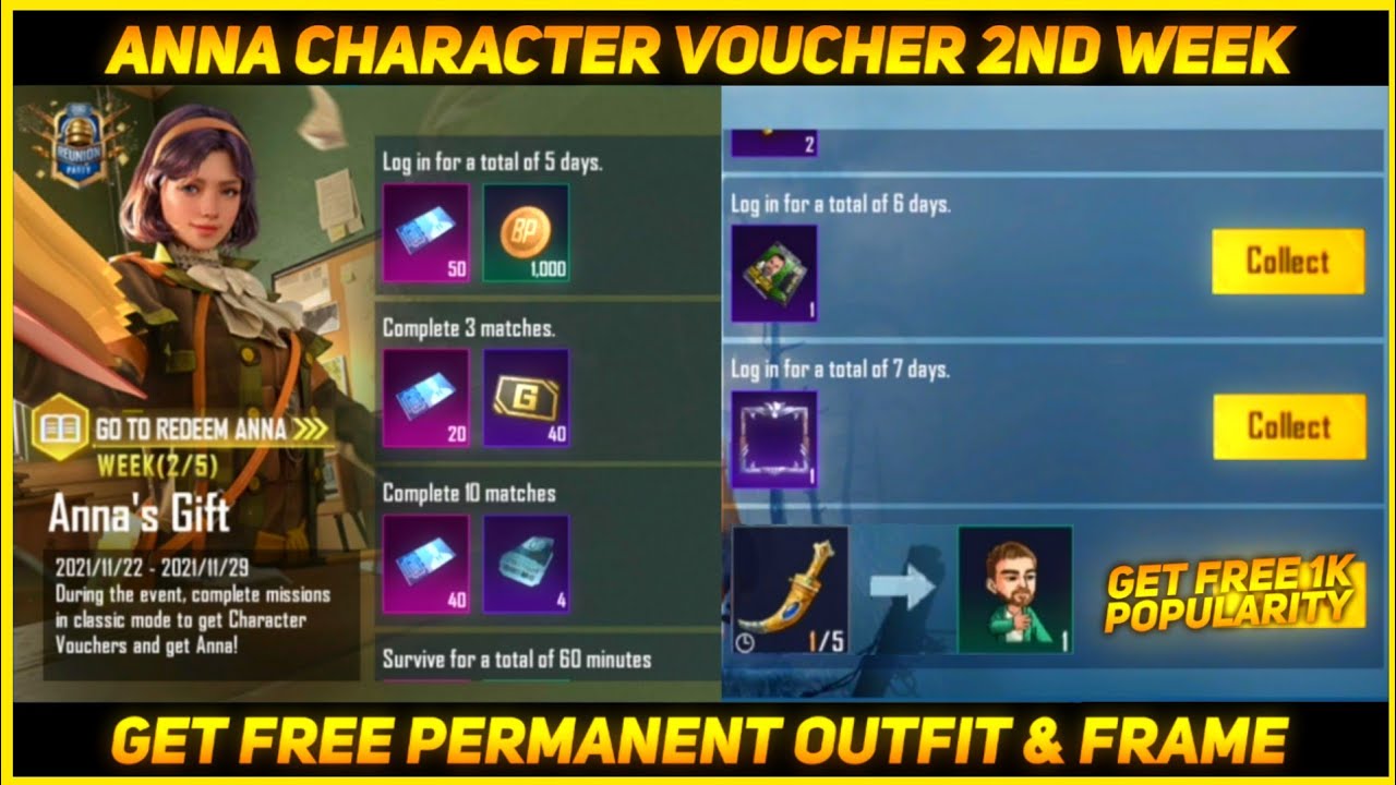 ANNA CHARACTER VOUCHER EVENT 2ND WEEK | GET FREE PERMANENT OUTFIT AND FRAME - BGMI / PUBG MOBILE