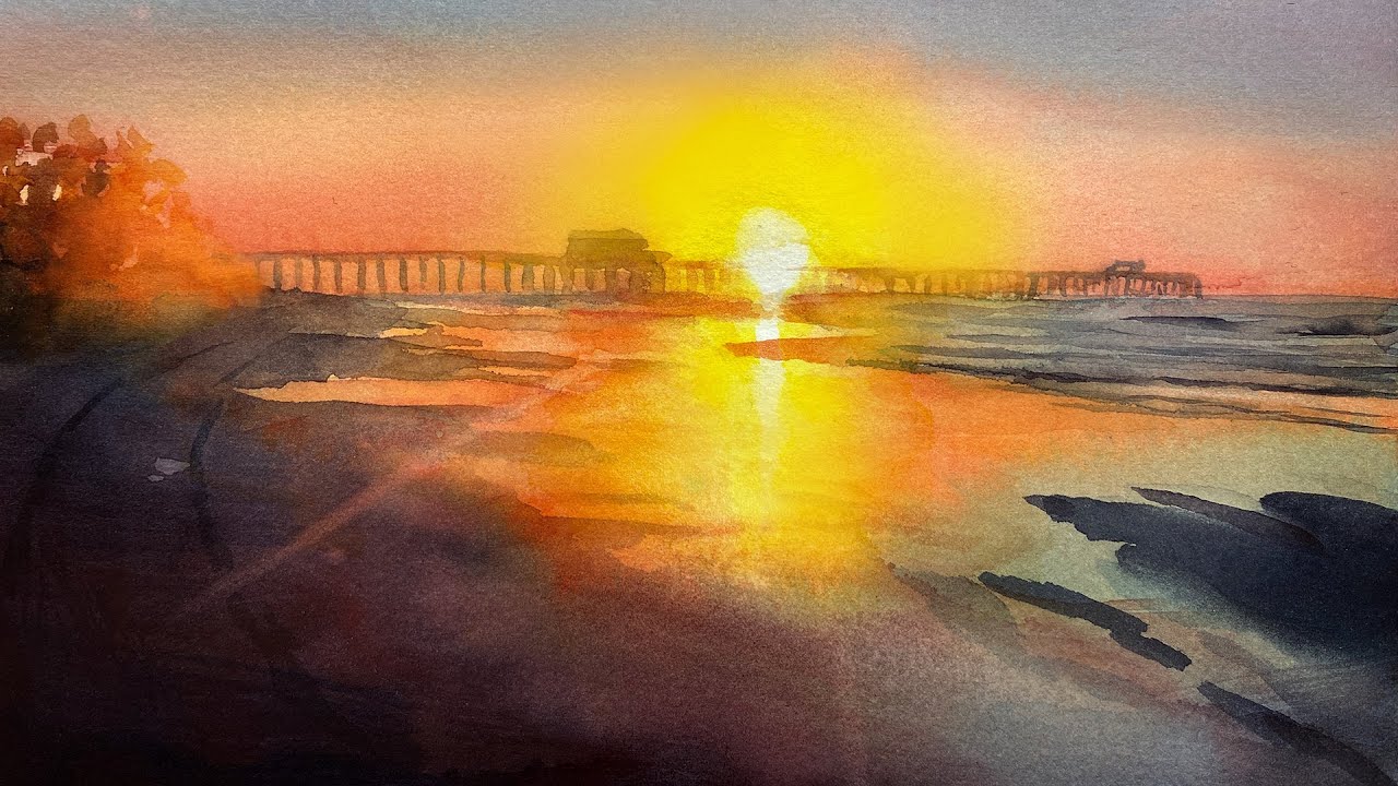Watercolor painting of sunrise on beach