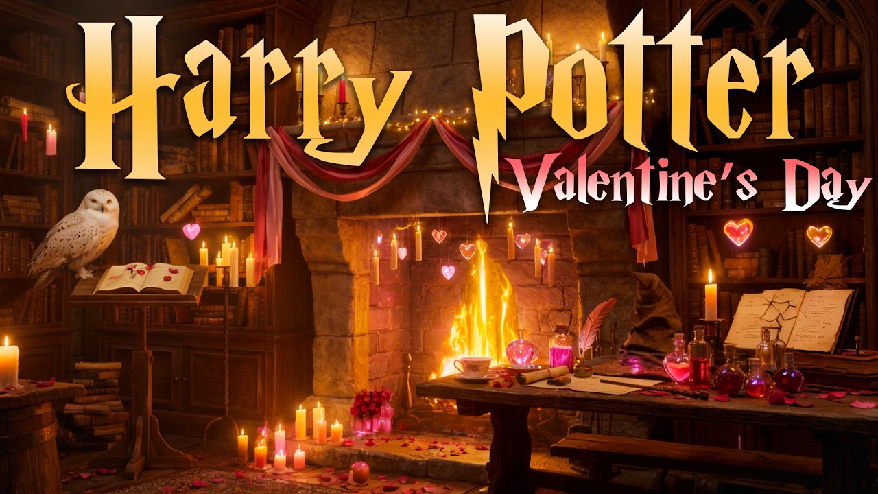 Valentine’s Day at Hogwarts Library ❤️ Cozy Fireplace Ambience & Love Potions | Harry Potter Music