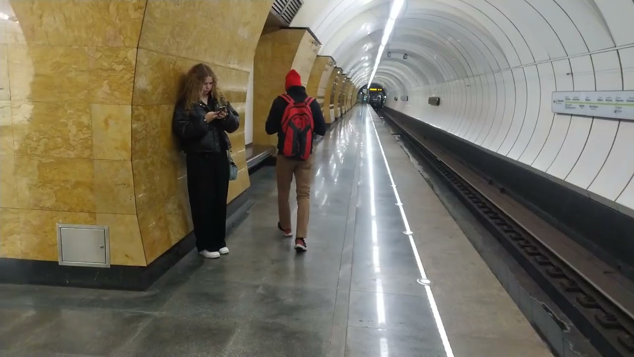 Metro Moscow, Okruzhnaya station, Light green Line - interior view, arrival of the train Fragment 28