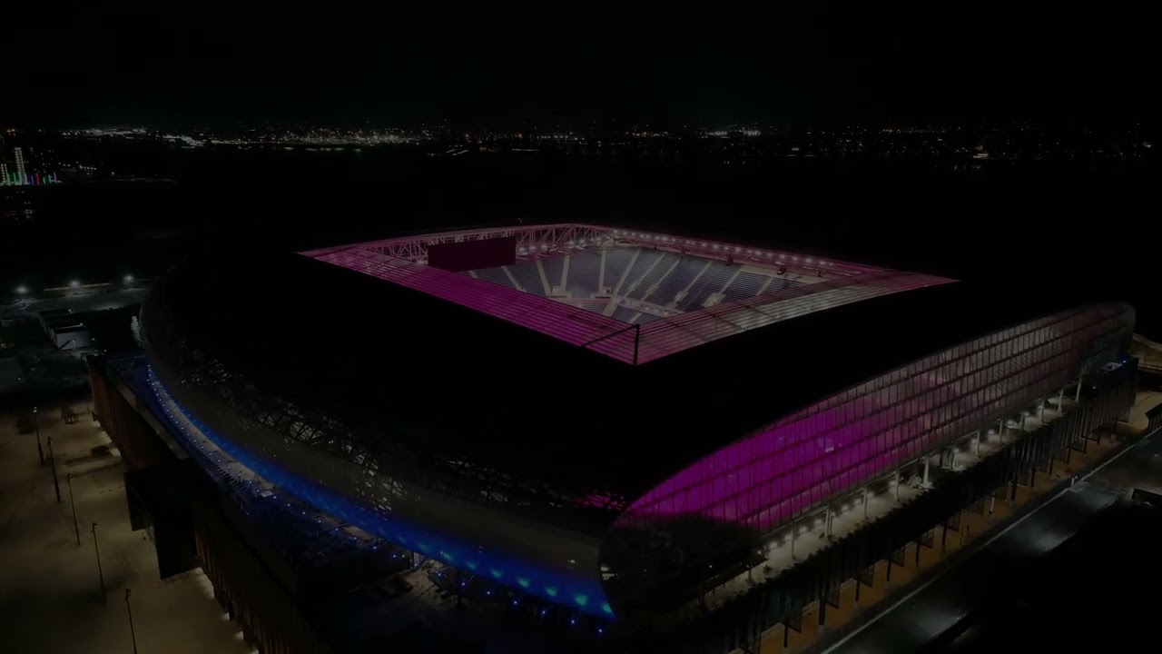 Drone views of New Everton F.C stadium Bramley Moore Dock 2025 Update