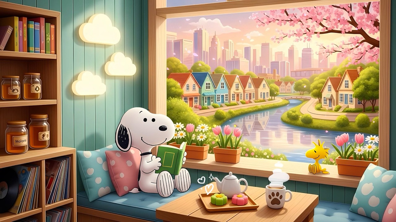 Cherry Blossom Riverside Window with Snoopy 🌸 Gentle Lofi to Study Session 📚 Cozy Lofi Focus Vibes