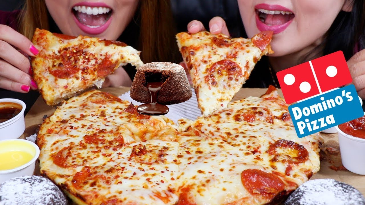 ASMR DOMINOS CHEESY PEPPERONI PIZZA and CHOCOLATE LAVA CAKES 피자 리얼사운드 먹방 | Kim&Liz ASMR