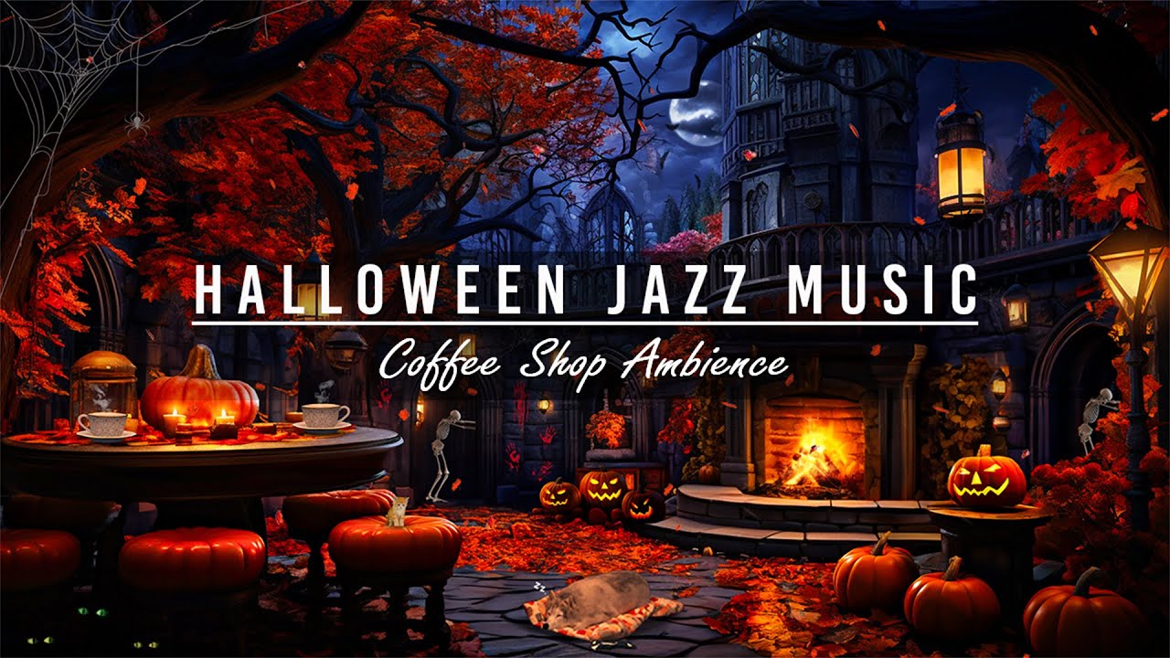 🎃🦇Relaxing Halloween Jazz Music with Spooky Café Vibes & Crackling Fireplace 🍁 Fall Night Ambience