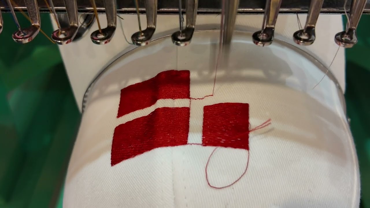 Embroidery Process: Denmark Flag on a White Baseball Cap