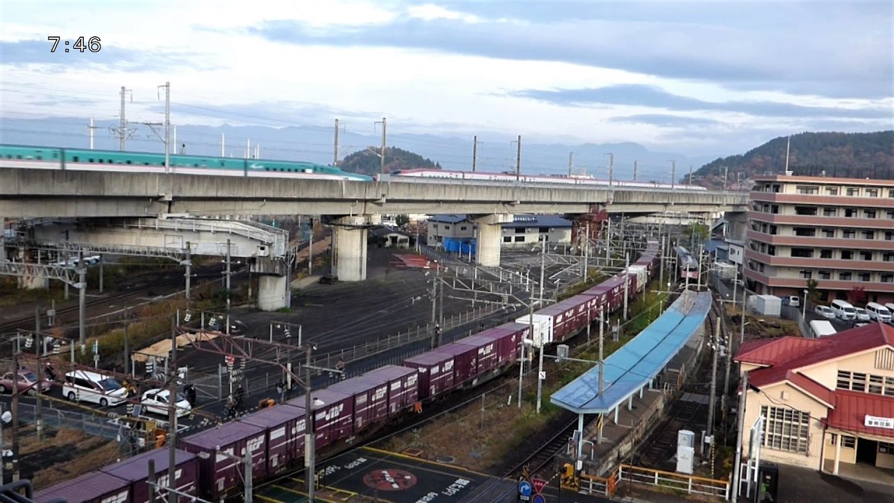 朝ラッシュに福島駅構内の曽根田（東）踏切を俯瞰（等倍速）【東北・山形新幹線、東北・奥羽本線、福島交通、阿武隈急行】