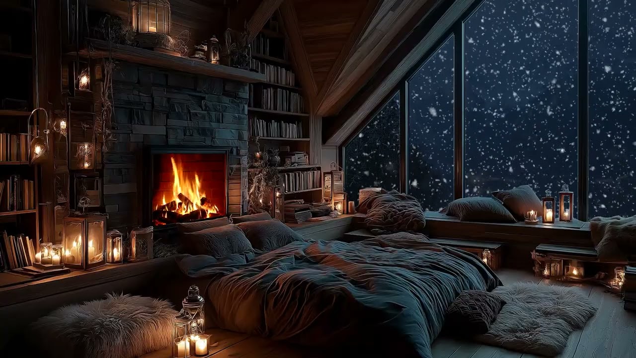 (No Ads) Cozy Fireplace with Cold Winter Wind | Deep Sleep, Relaxing Night Ambience