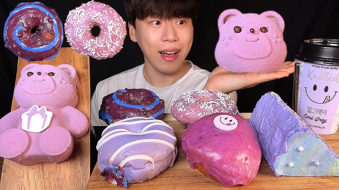 SUB) Корейский фиолетовый десерт mukbang asmr | пончики, шоколадный торт