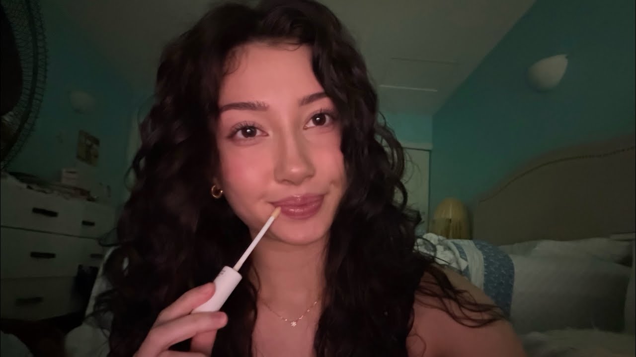 ASMR lipgloss application and soft whispers (mouth sounds, hand movements)