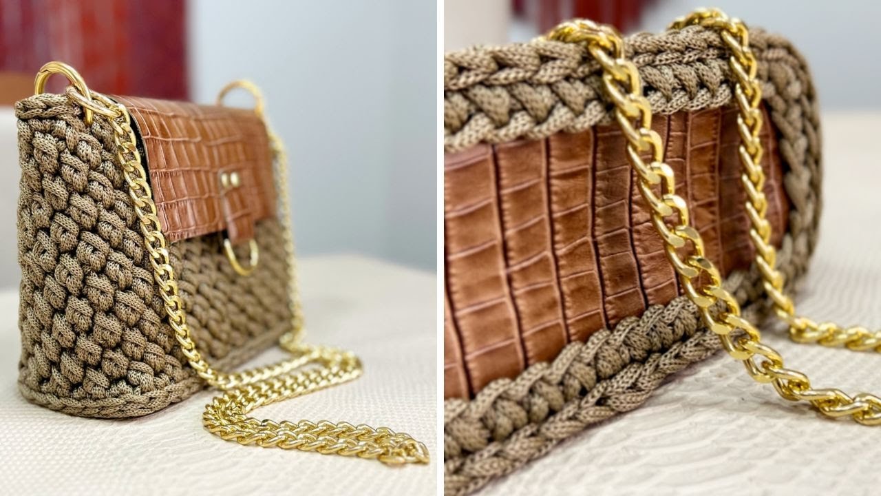 BOLSA DE CROCHÊ com acessórios de COURO