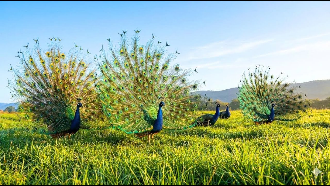 Colorful peacocks frolic in the green meadow - Peacock video