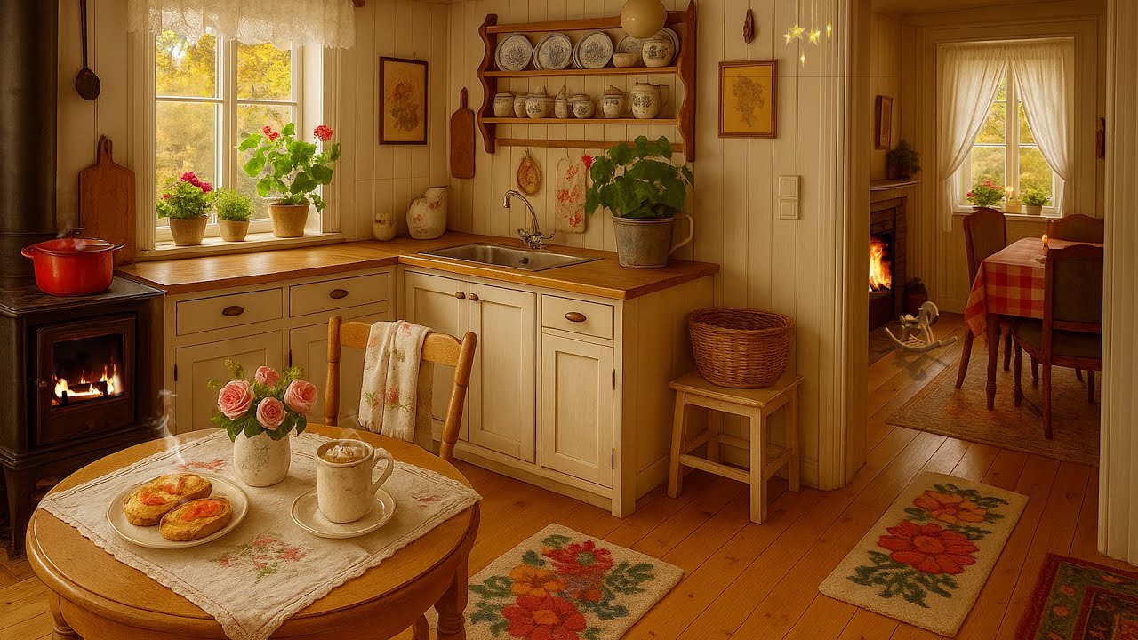 Cozy Autumn Cottage Kitchen Ambience 🍂 | Vintage Fireplace, Warm Cooking & Peaceful Fall Atmosphere