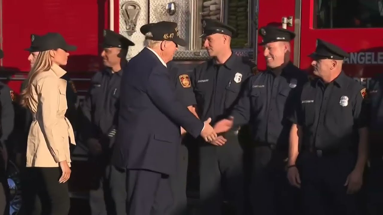 Trump thanks firefighters for LA fires response and poses for photos with group after Palisades tour