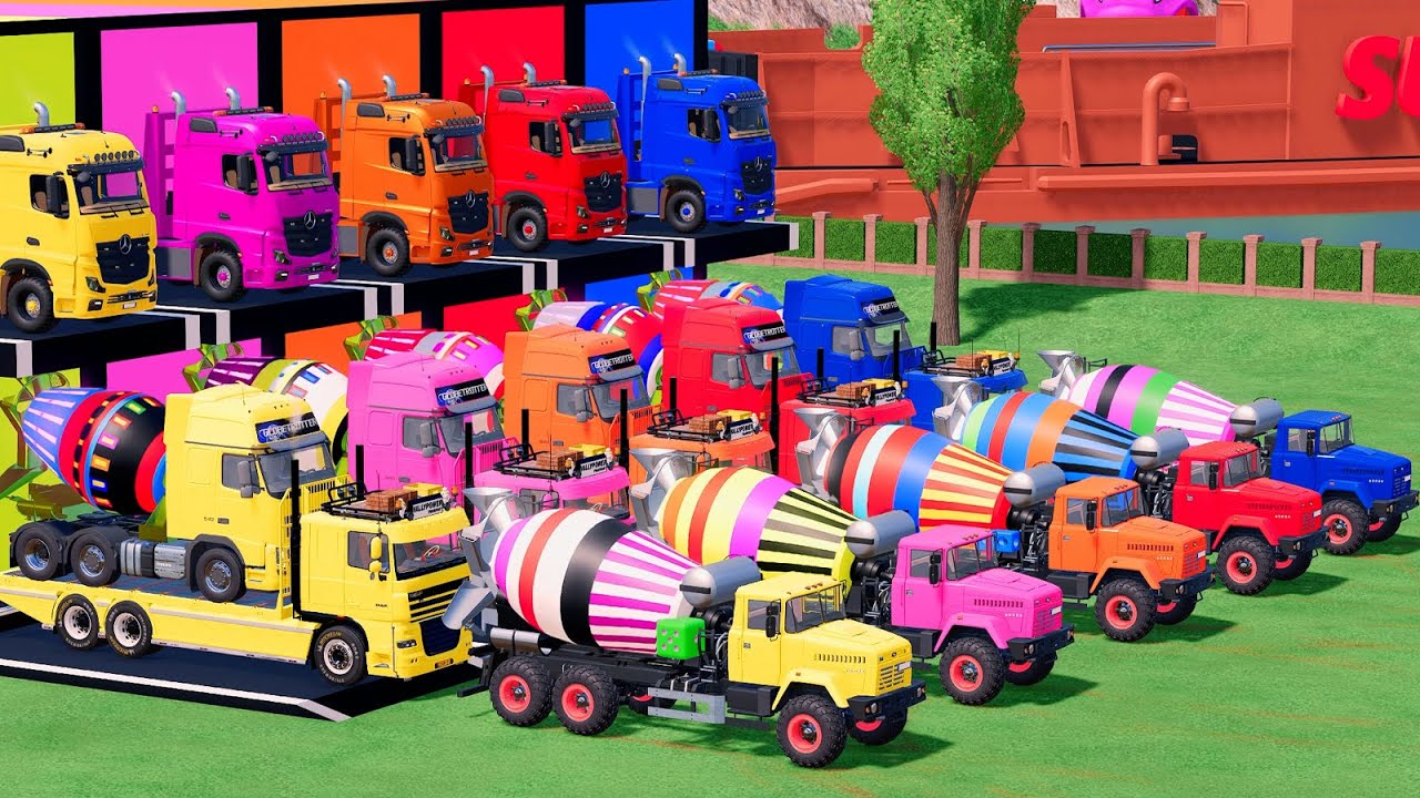 GARAGE WITH COLORS   ALL COLORED MERCEDES AND DAF WITH FLATBED TRAILER TRUCK, MIXER TRUCK   FS22 #48