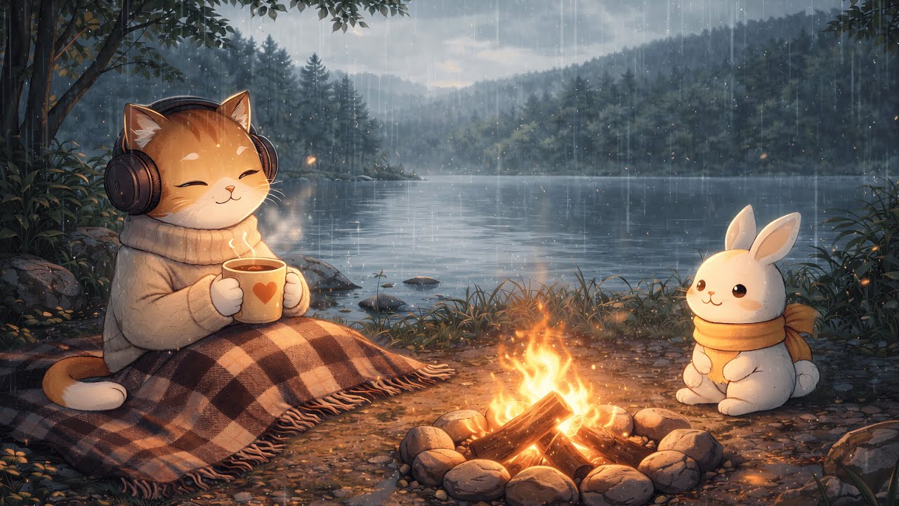 Rainy Lake Lofi 🌧️ Calm Nature Beats for Focus, Relax & Peace | Amber Cat Lofi