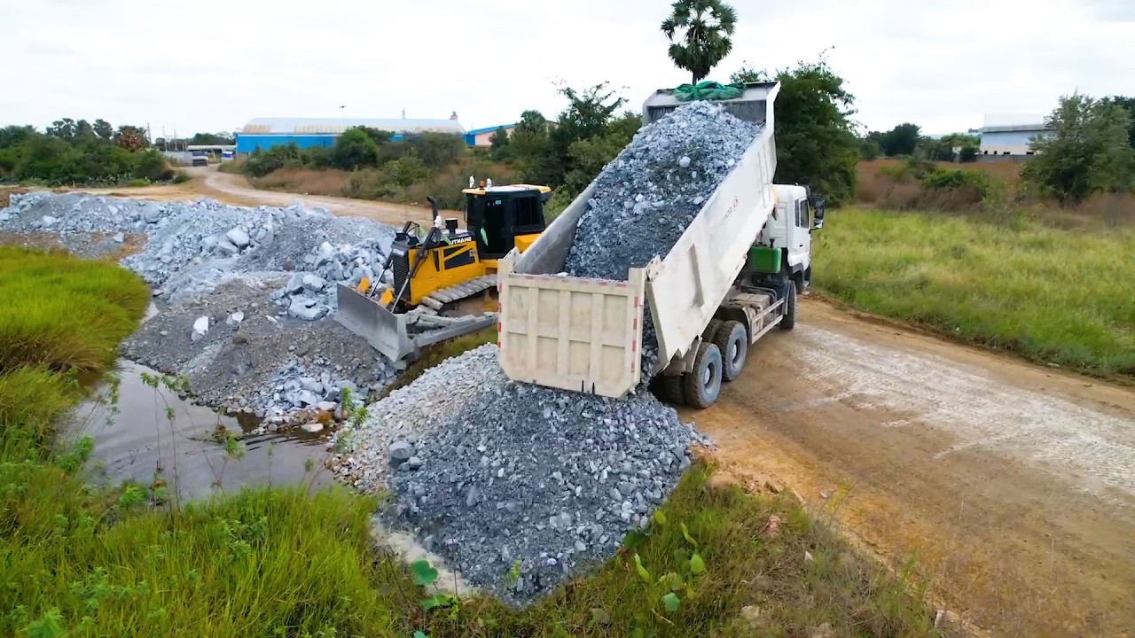 Project start !! Skill Dozer DH17C3 Skill For Building The Water Using Stones Gravel Dump Truck Road