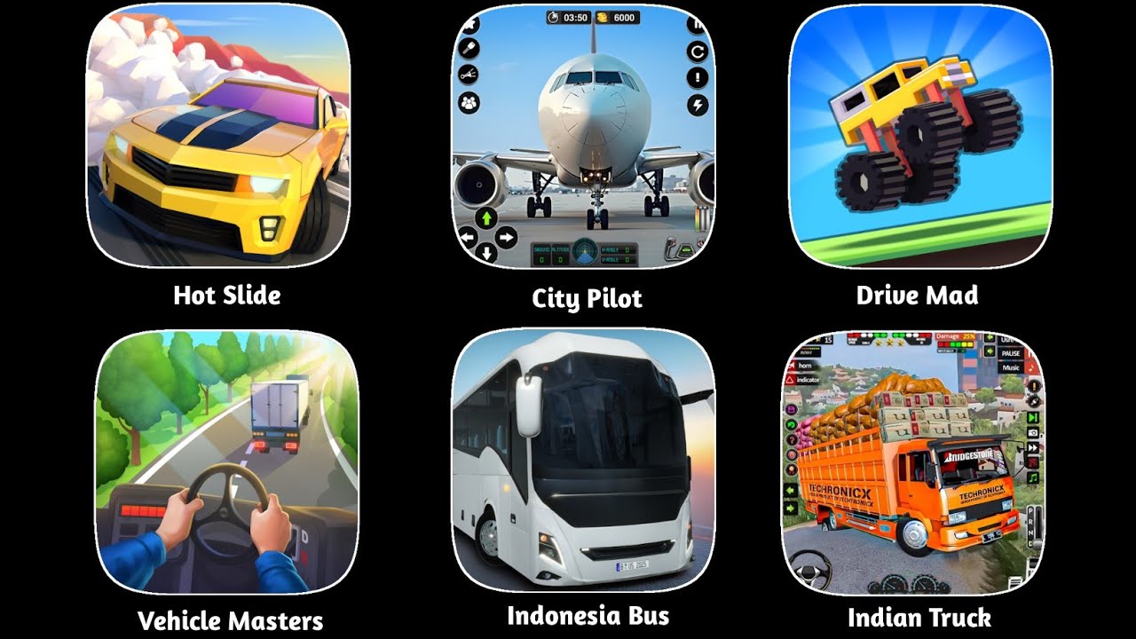 Drive Mad, Indonesia Bus Simulator, Hot Slide, City Pilot, Indian Truck Simulator, Vehicle Masters 