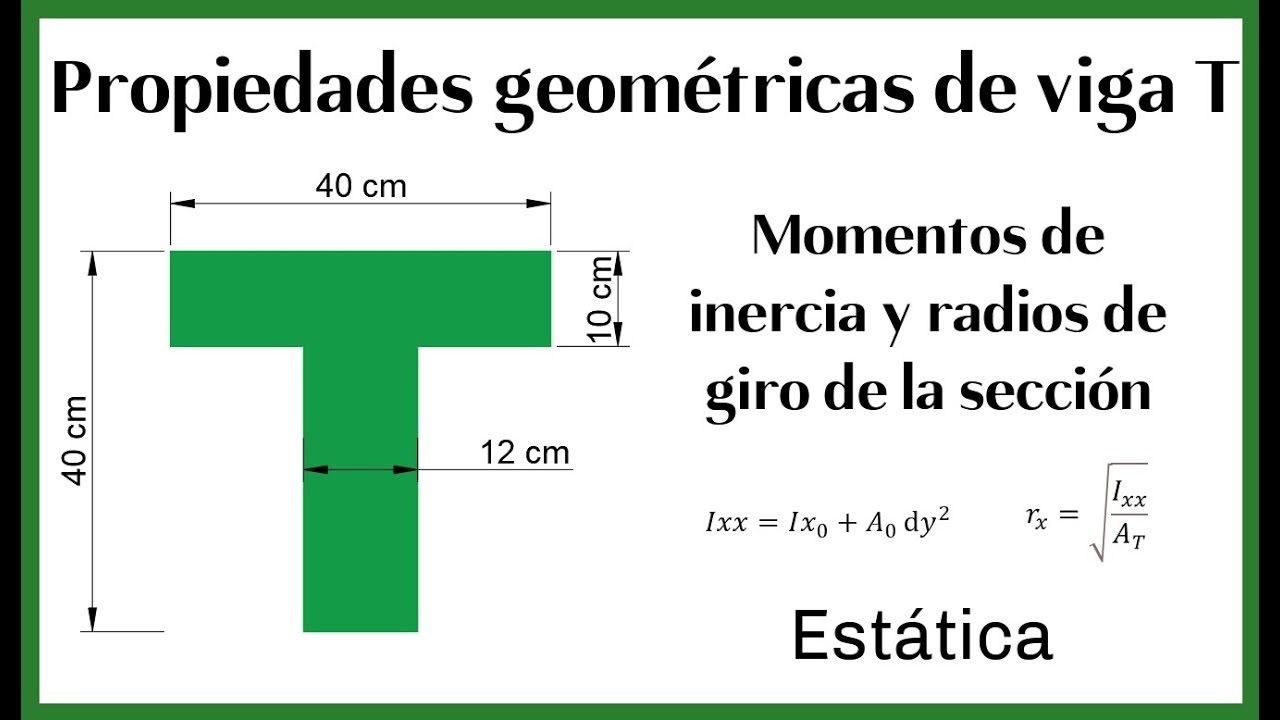 Propiedades geométricas de una viga T. Momentos de inercia y radios de giro.