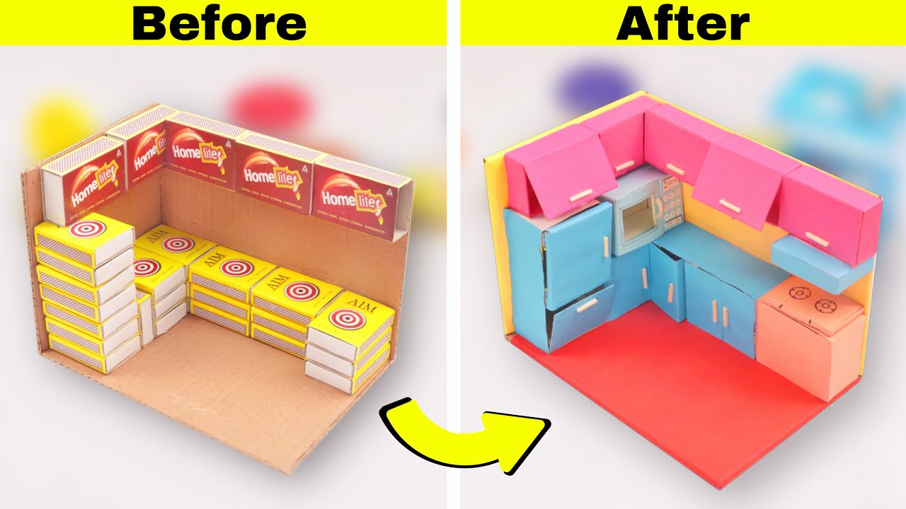 DIY Miniature Kitchen from matchbox and cardboard || How to make mini house with matchbox