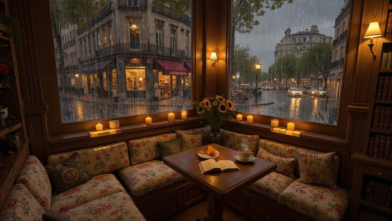 European Street View with February Rain Ambience 🌧️ Warm Spring Jazz Music & Hot Coffee to Chill Out