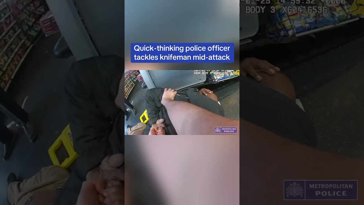 Quick-thinking police officer tackles knifeman mid-attack