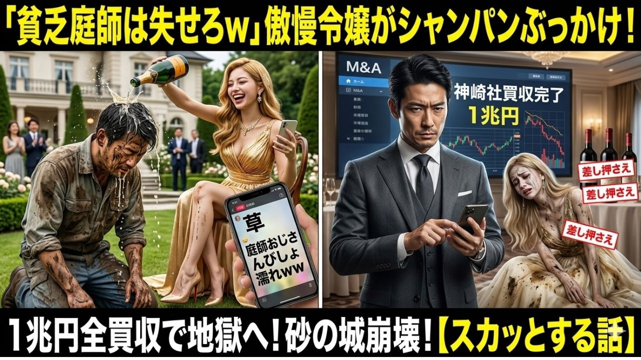 【実話】「貧乏庭師は裏口から失せろｗ」傲慢なインフルエンサー令嬢がシャンパンをぶっかけ―直後、作業着の男がスマホ1本で「1兆円の全買収」を開始。10分で砂の城が崩れ去る地獄の結末