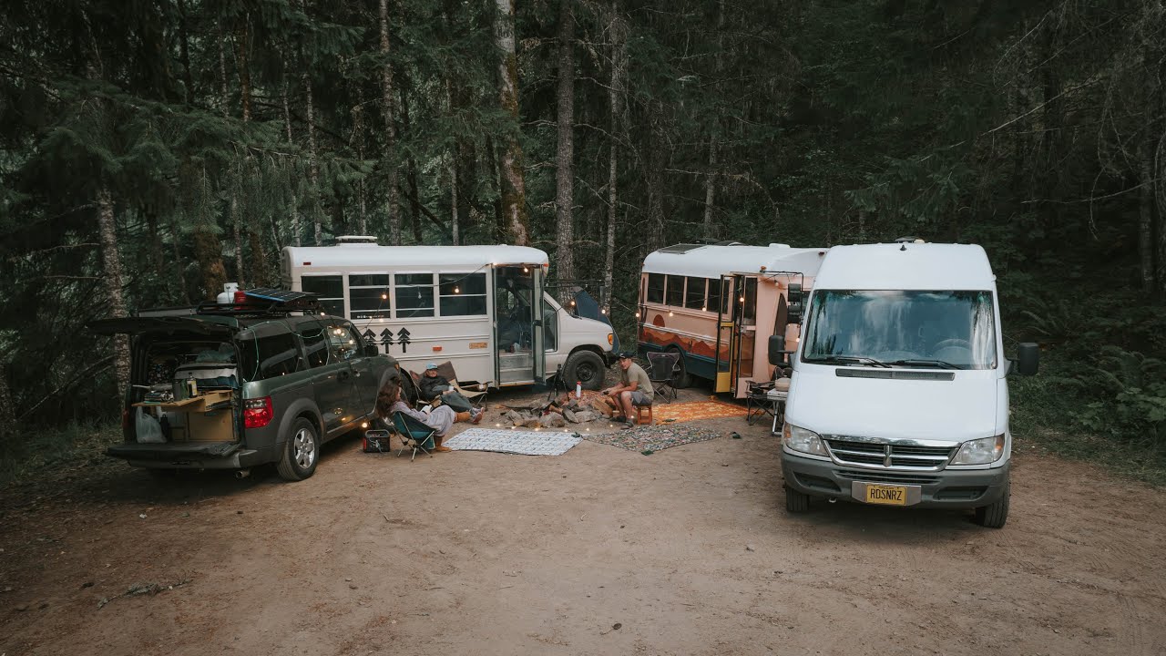Living In The Woods Off Grid With Skoolies, A Sprinter, And A Honda Element