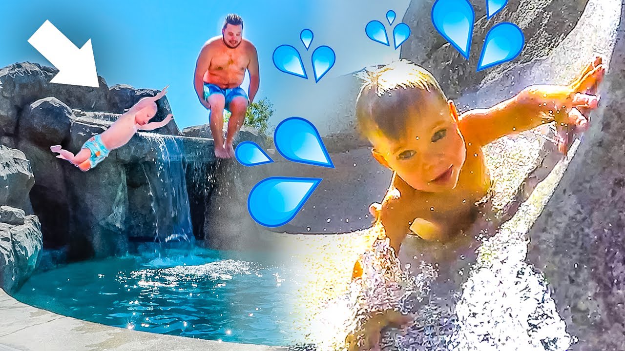 BACKYARD WATER PARK! 💦 Toddler rides super fast water slide! 😮