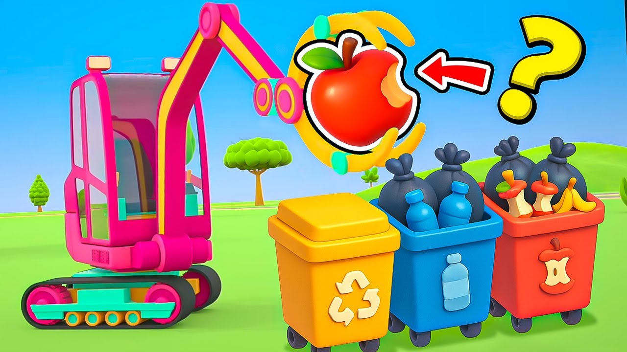 Garbage trucks and other vehicles collect and sort waste on the beach.