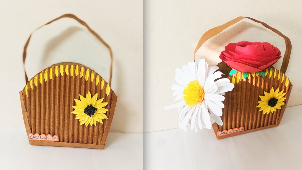 #DIY//Lovely Flower🌼Bag Basket🧺made of Cardboard#Creative craft#by Sailu Artistry🌼🧺🌼🧺🌼🧺🌼🧺🌼