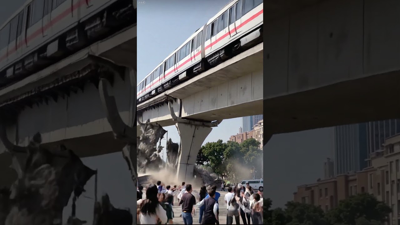 直击高架桥坍塌现场：列车坠落，街头惊魂奔逃