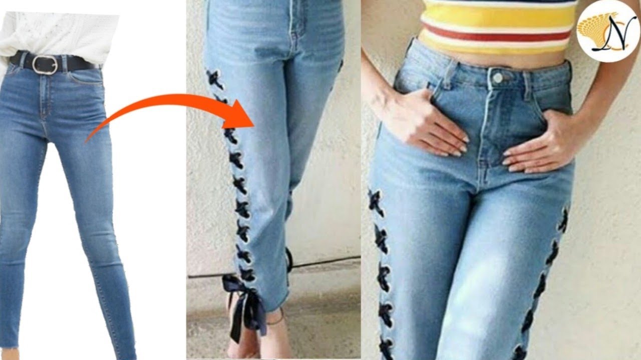 LACE UP JEANS WITHOUT EYELET CUTTING & SITTCHING thrift flip diy Easy Turn Old to new jeans makeover