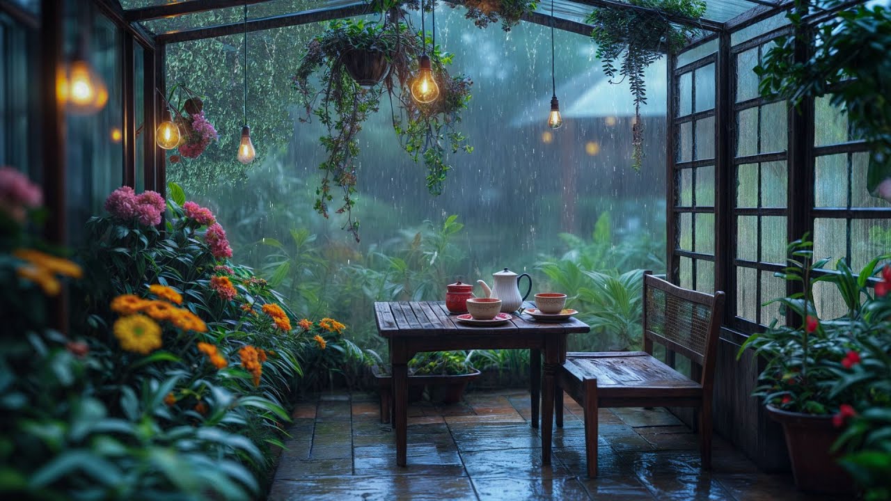 [ Thunderstorm in the Flower Garden] Morning Rain & Hot Tea Escape