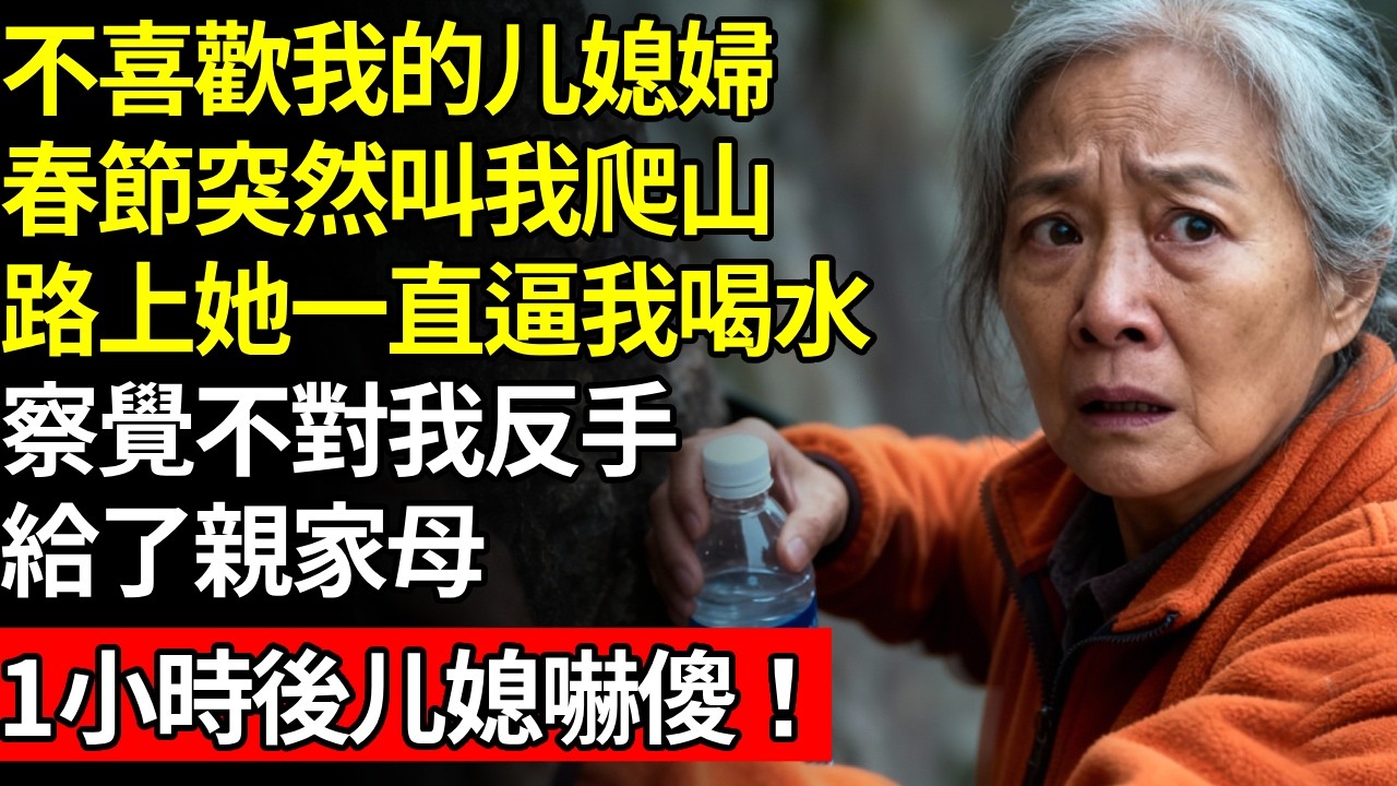 不喜歡我的媳婦，春節突然叫我爬山，路上她一直逼我喝水，察覺不對我反手給了親家母，兒媳卻嚇傻，逼親家母趕緊吐出來，事情的真相讓我一身冷汗#養老#不孝子#人間家事#退休金