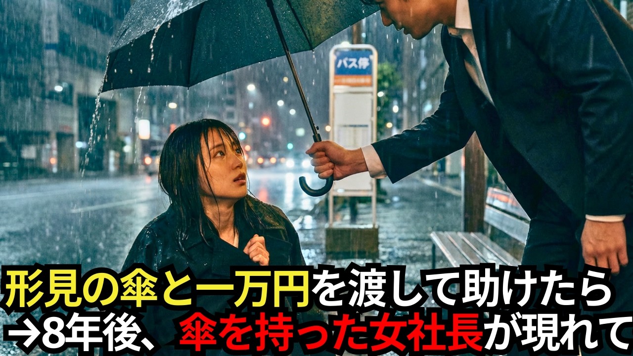 土砂降りの夜に路地裏にうずくまる女性に「ちゃんとした場所に泊まりな」と亡き母の傘と1万円を渡した→8年後、商談先のビルで覚えのある傘を持った女社長が現れて…【感動する話】