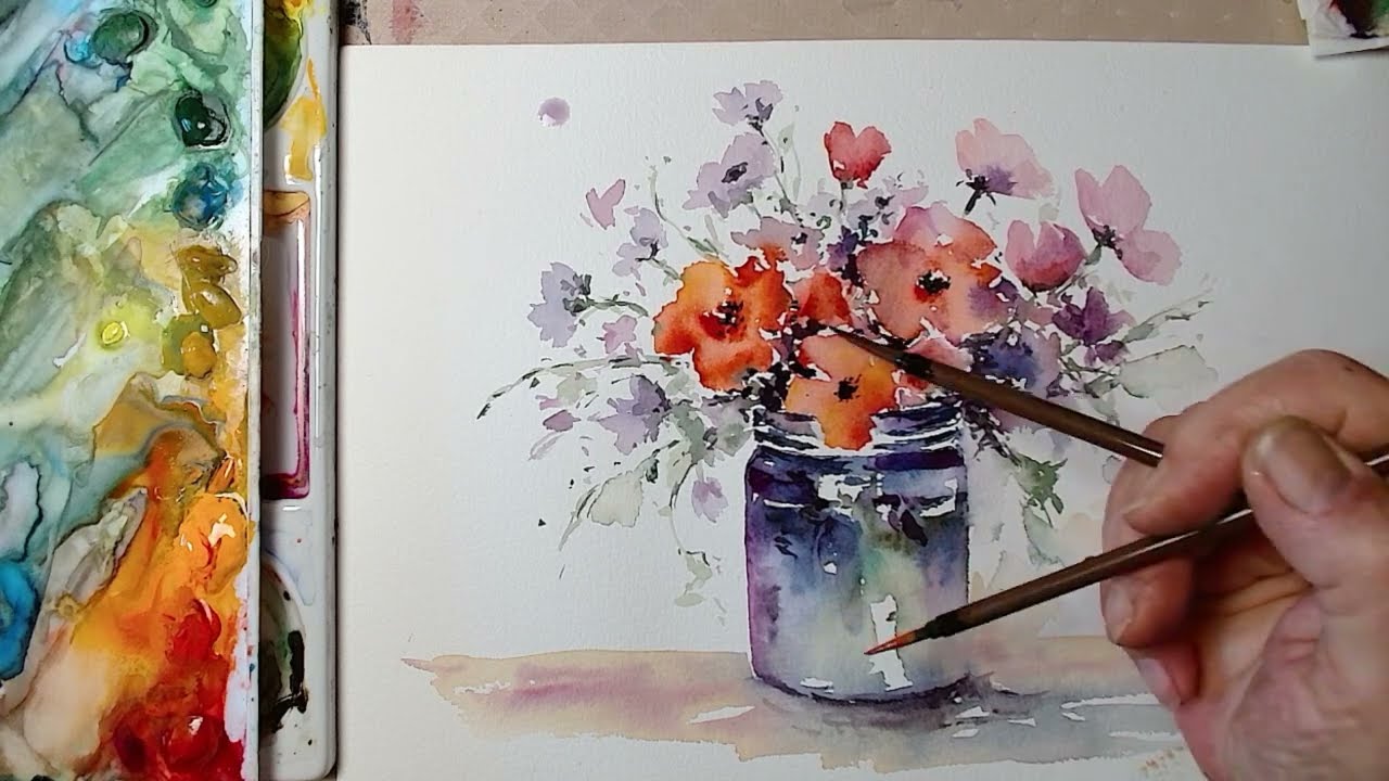 A sense of tranquility and elegance red and purple flowers in a vase, watercolor!