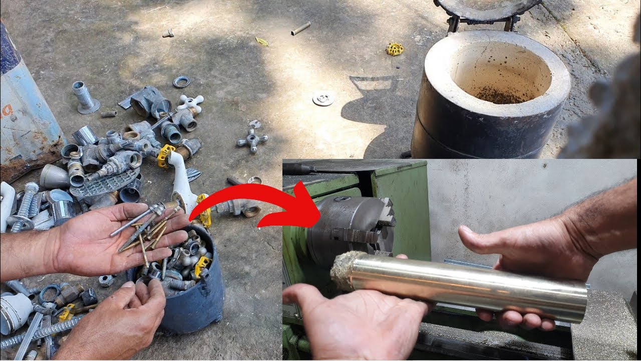 FUNDIÇÃO DE  LATÃO  e fazendo  tarugo usinando  no torno