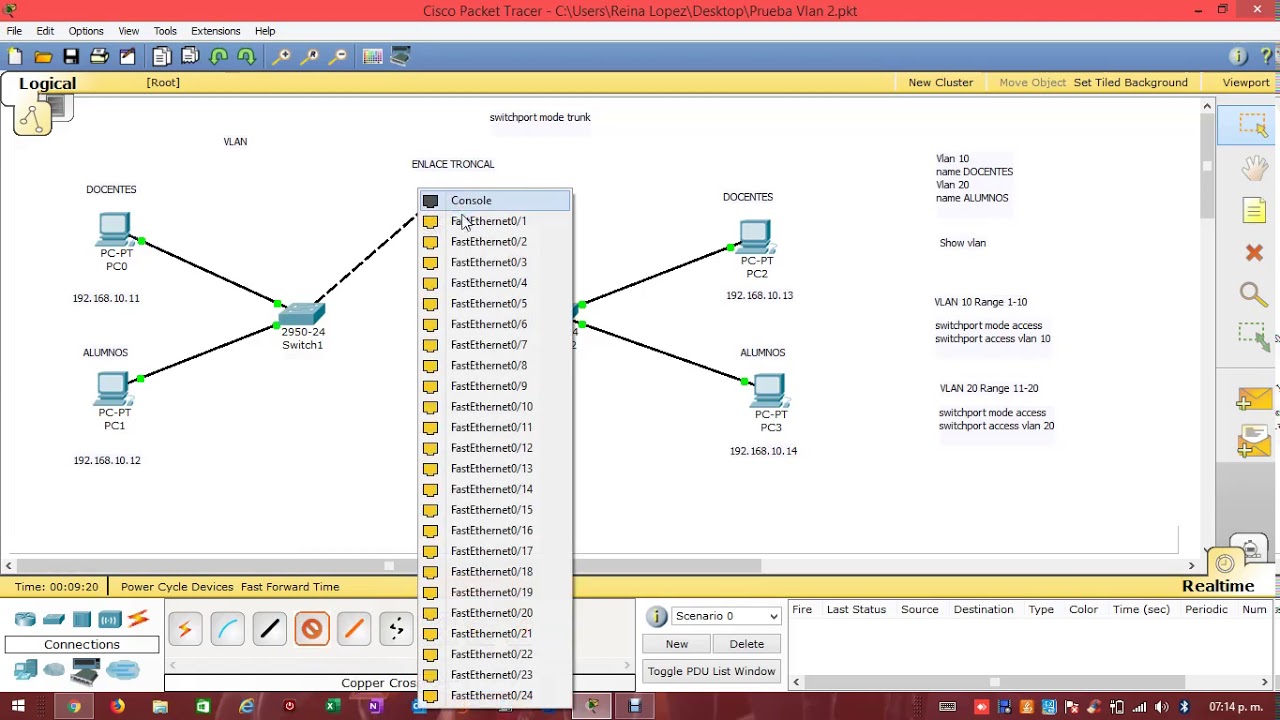 Configuración de Vlan con enlace troncal en cisco packet tracer