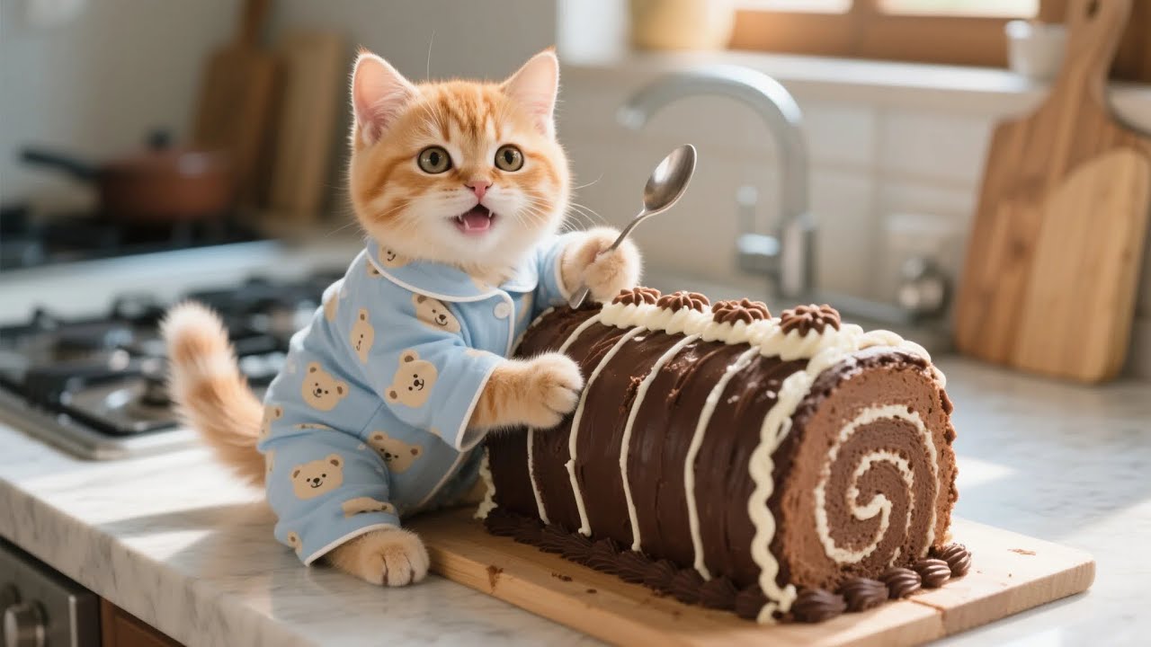 Ginger Kitten Craves a Christmas Yule Log Cake, Mama Cat Makes a Giant One 🎄🍰🐾