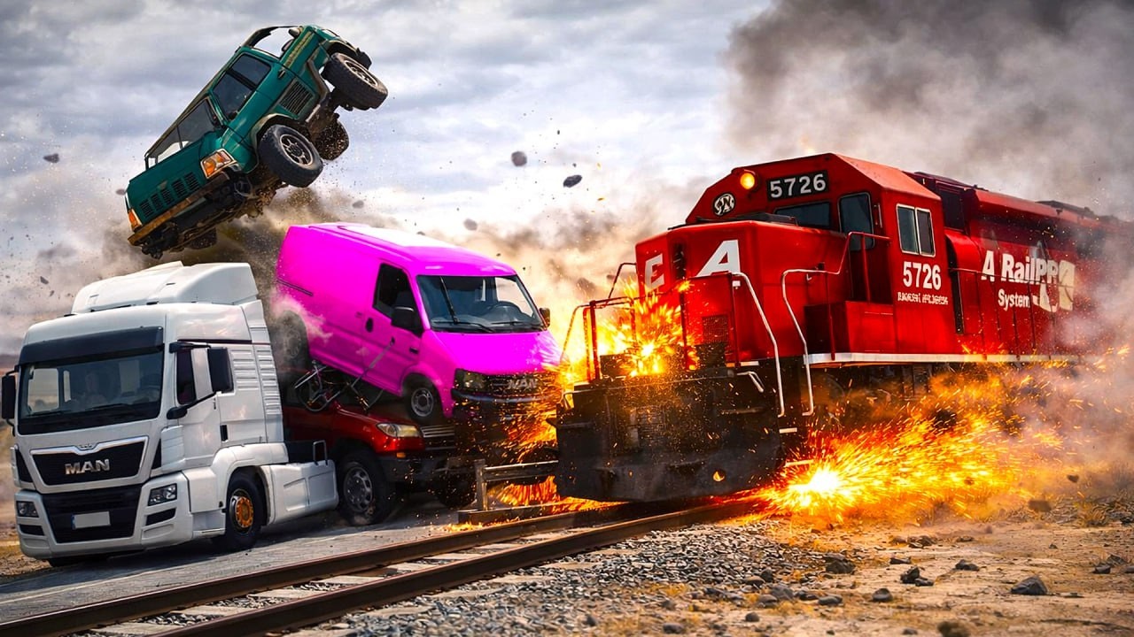 Double Flatbed Trailer Chaos: Loaded Cars vs Train on Rails & Steel Bollards | BeamNG Drive