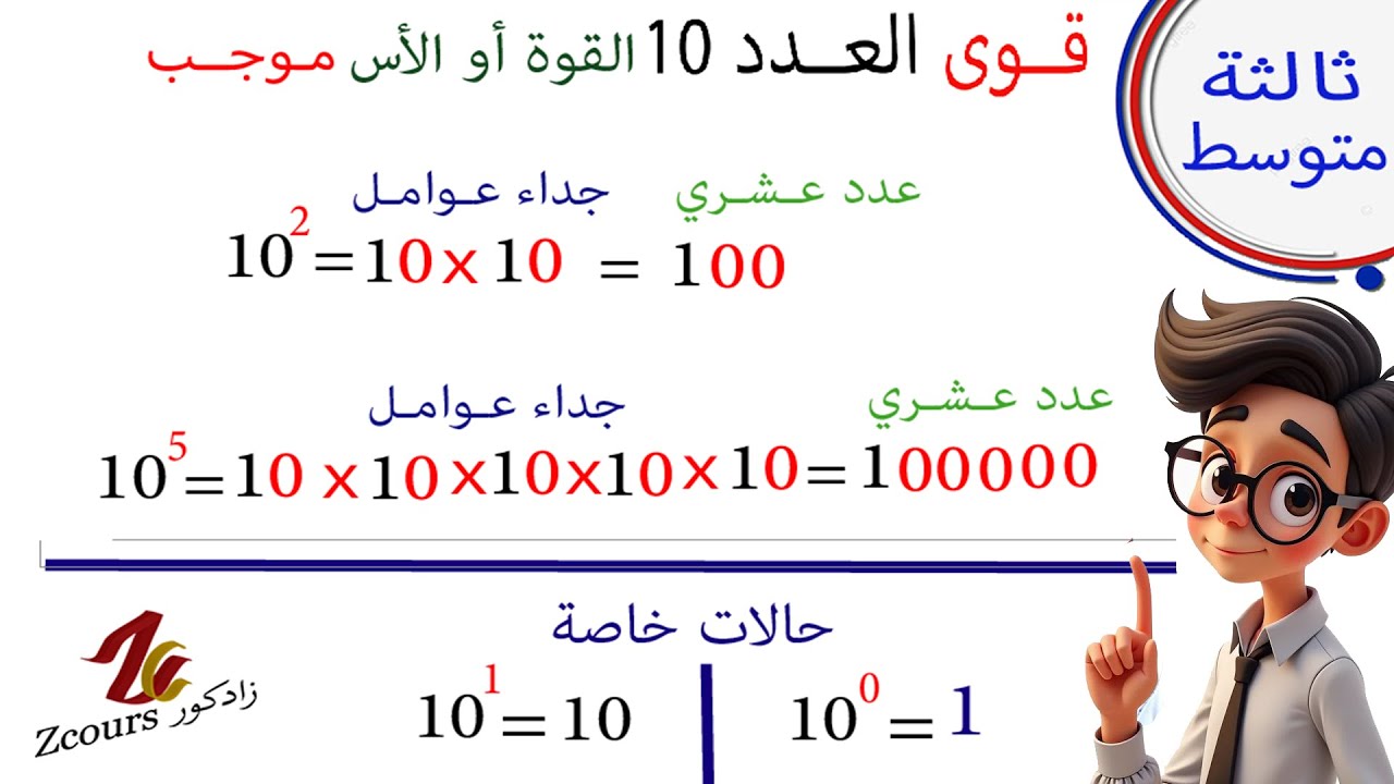 قوى العدد عشرة الأس موجب  رياضيات ثالثة متوسط